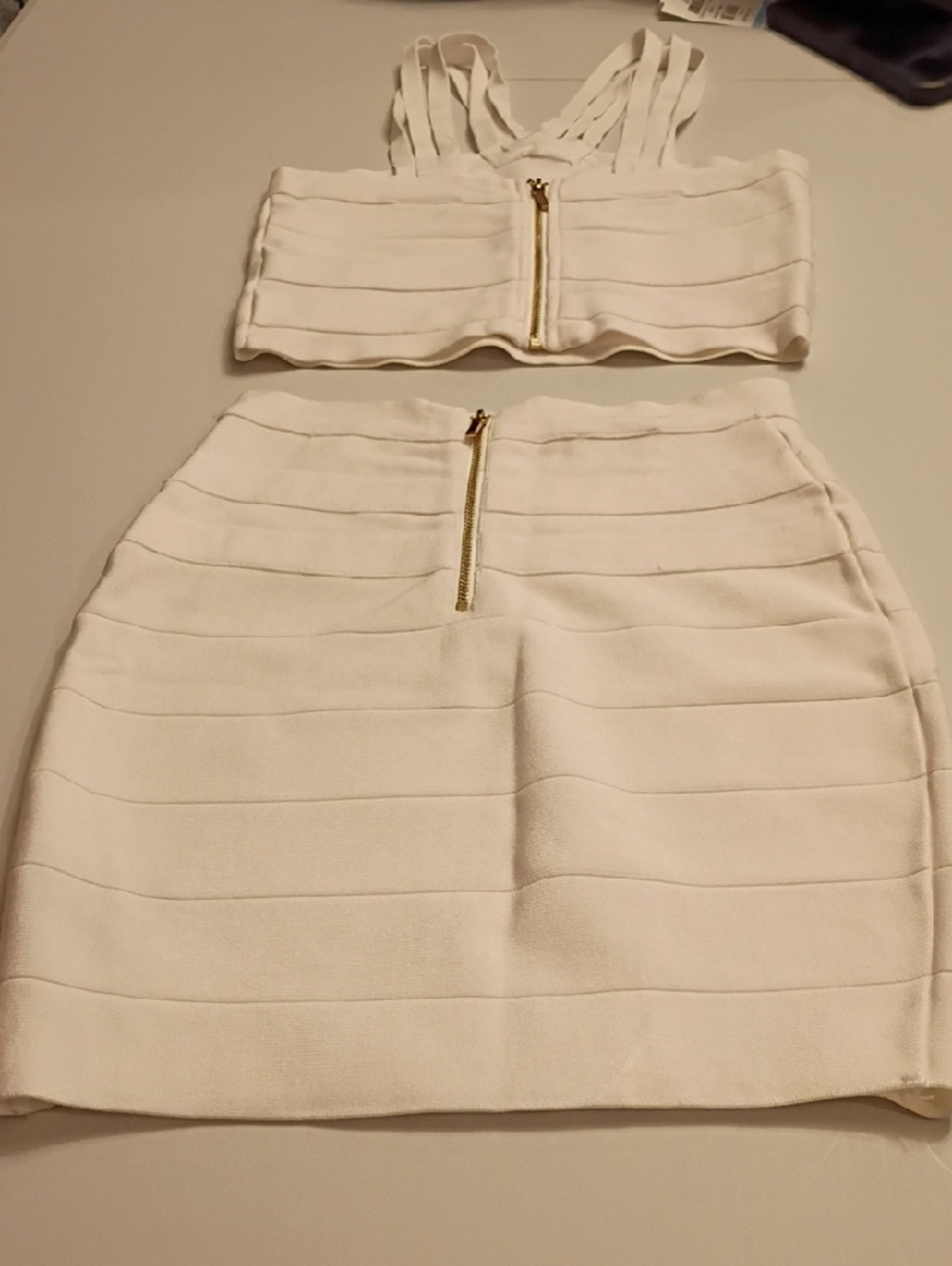 bebe White Bandage Mini Skirt  And Tank with Gold Buckle Accents - Picture 9 of 16